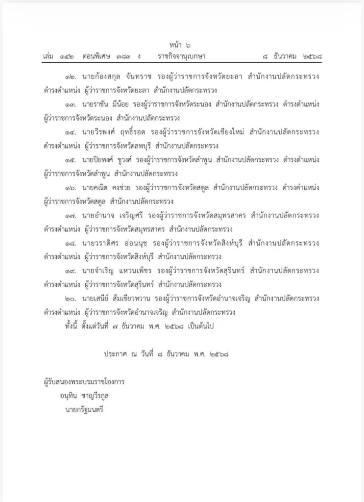 ราชกิจจานุเบกษา เผยแพร่ พระบรมราชโองการโปรดเกล้าฯแต่งตั้งผู้ว่าราชการจังหวัด 18 ราย ผู้ตรวจราชการกระทรวงมหาดไทย 2 ราย